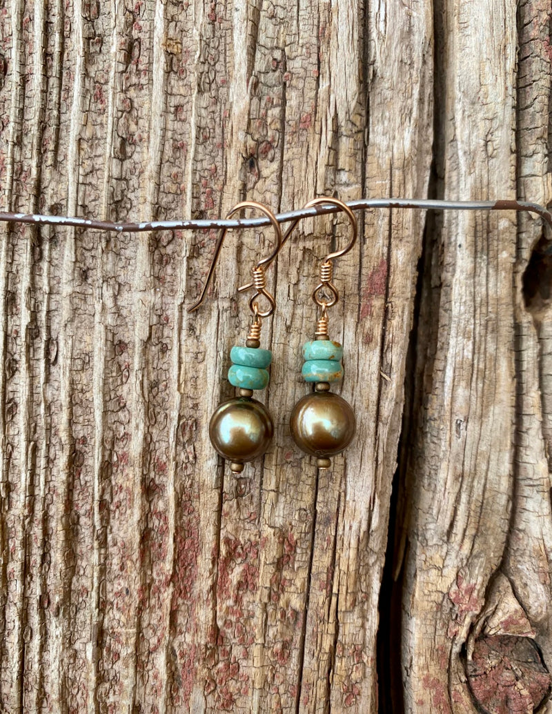Bronze Pearl & Turquoise Drop Earrings